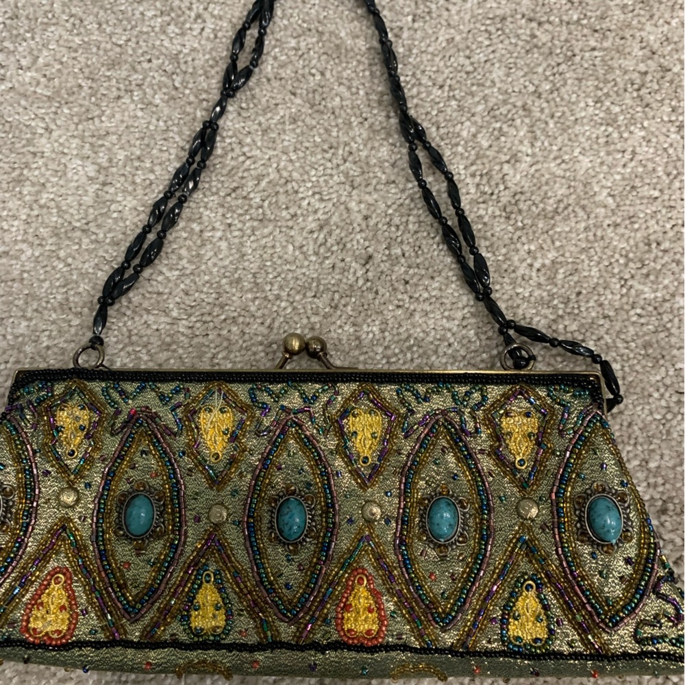 CEM handmade beaded blue and green optional crossbody clutch - Picture 2 of 9
